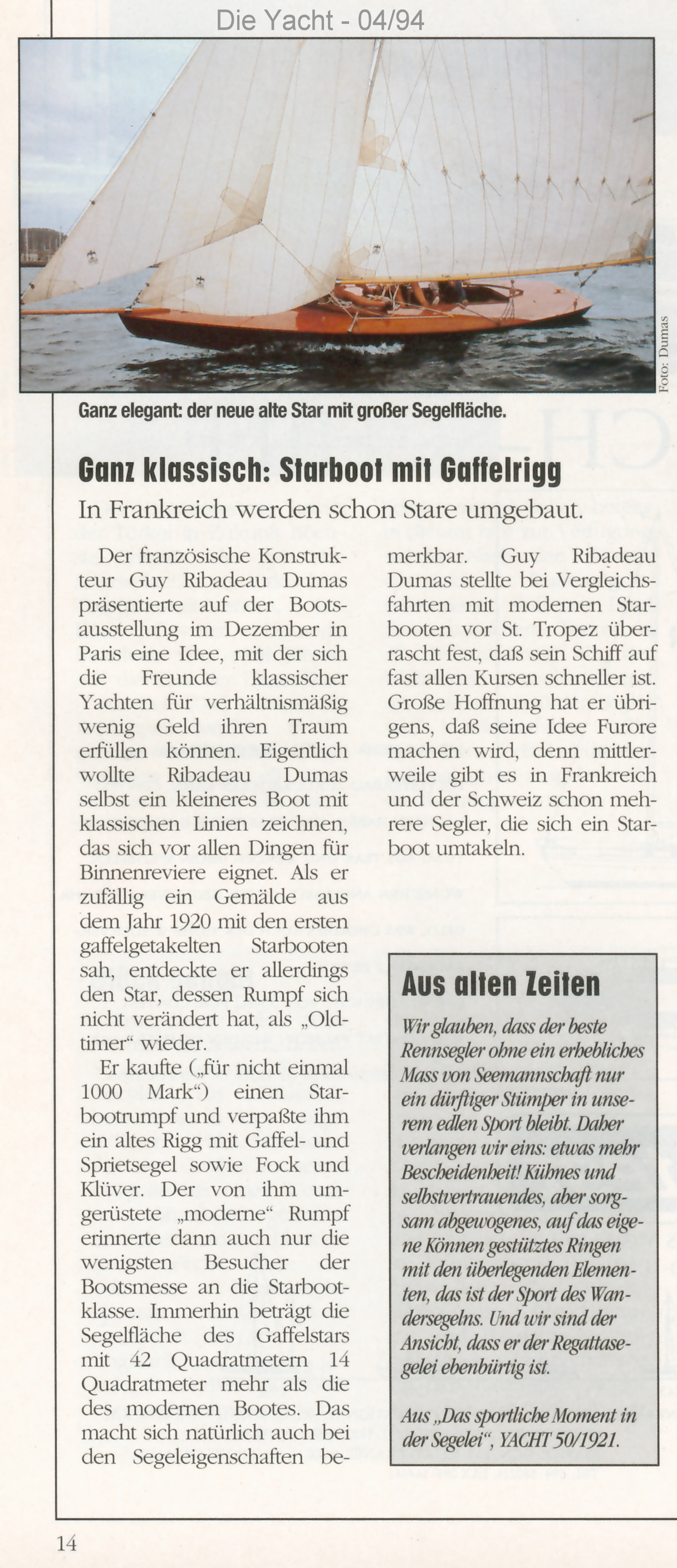 Starboot Gaffelrigg Die Yacht 4-94 Artikel